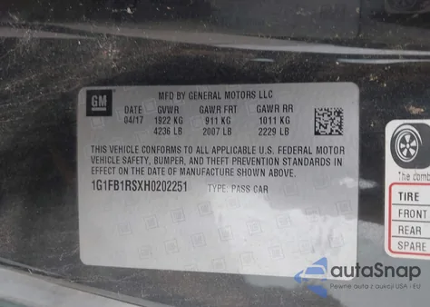 2017 Chevrolet Camaro 1Lt z USA, uszkodzony, nr VIN 1G1FB1RSXH0202251